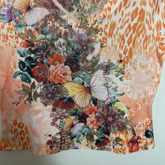 Vtg FRENCH BLUE Orange Boxy Tee Butterfly Rhinestone Cheetah Y2K Fairy Sz 1X - Picture 2 of 7